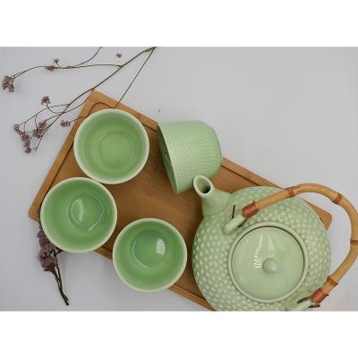 China Sustainable Hot Selling Stoneware Ceramic Teapot Set For Teahouse Home Cafe With Bamboo Handle And Tray Ceramic Teapot Set for sale