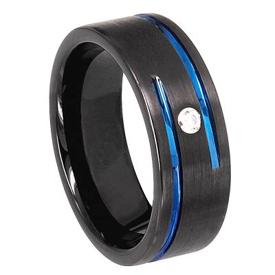 China 2020 Newest Vintage CZ Inlaid Black And Blue Line Plated Tungsten Rings For Wedding Men for sale