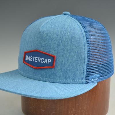 China Custom 5 Panels JOINT Brim Snapback Cap Flat Mesh Hat With Woven Patch And Hemp Fabric for sale