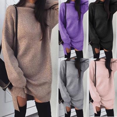 China New Autumn And Winter Knitted Women's Large Size Collar High Slit Knitted Dress for sale