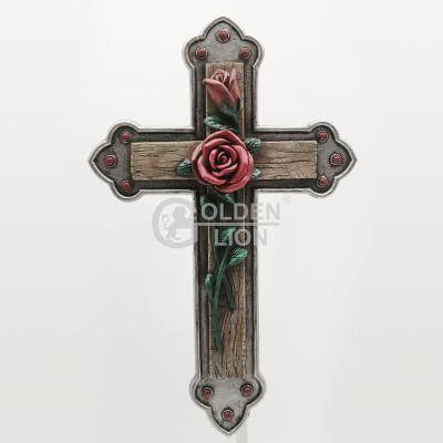 China Religious Flower Design Rose Cross Resin Europe Style Wooden Cross for sale