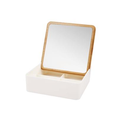 China WELLRICH Makeup Magnifying Mirror with Square Storage Box, Bamboo Grain Mirror for sale