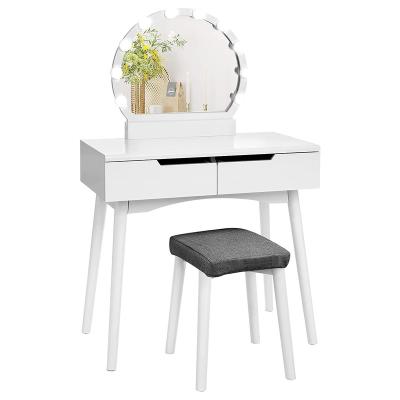 China Round Led Light Makeup Mirror Dresser Set 2 Drawers Wooden Whitedressing Vanity Make Up Table With Upholstered Stool for sale