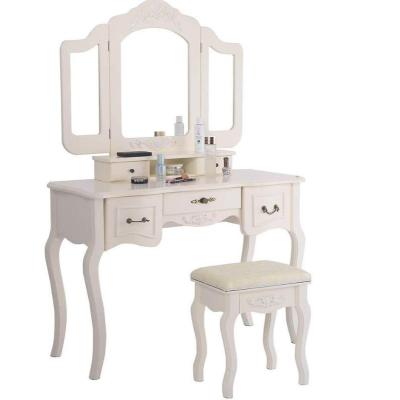 China PANEL 2019 Factory direct sale European Style Large Discount Ivory Wooden Tri Folding Makeup Mirror Table With 5 Drawers for sale