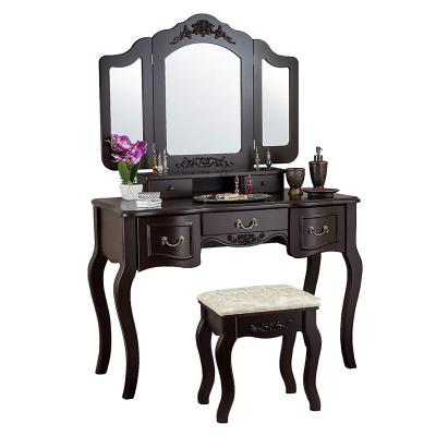 China PANEL Cheap Wholesale USA Style Tri Folding Brown Mirror MDF Vanity Set With Stool for sale