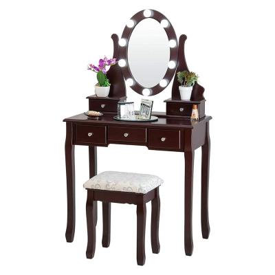 China PANEL European Style Espresso Round Mirror Makeup Table With Stool for sale