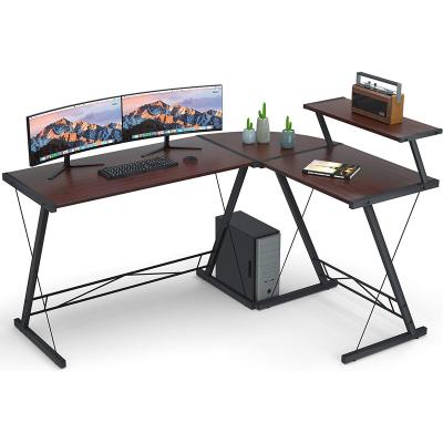 China L-Shape Amazon Top Selling Computer Table With Monitor Storage Shelf Large Capacity L-Shape Rustic Wood Corner Desk Table for sale