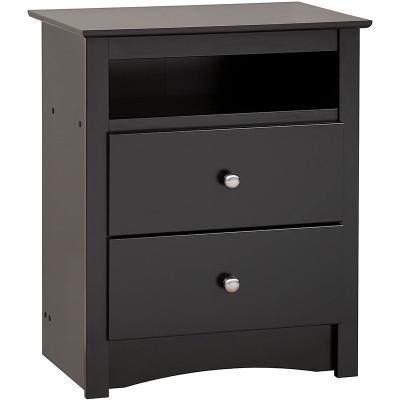 China 2 Drawers Bedroom Furniture 60cm End Table Practical Wooden Cabinet With 2 Drawers Open Shelf Modern Black Bedside Table Nightstands for sale