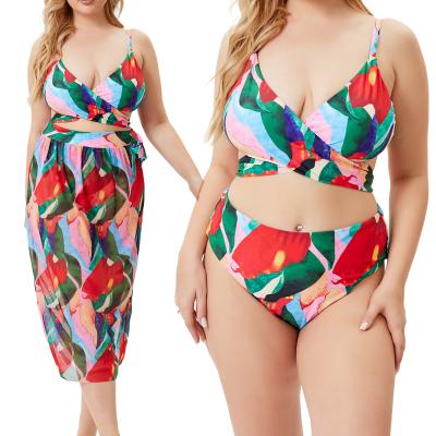 China 2022 QUICK DRY hot sale beach printed sexy lace up bikini swimwear set plus size women bikini 3 pieces for sale