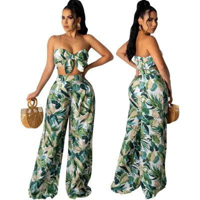 China Anti-pilling two-piece suits sexy printed high quality leg waist tube pants women fashion wide high top lace up set for sale