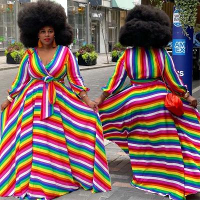 China High Waisted Dress Rainbow Flowy Print Long V-Neck Sexy Elegant Neon Striped Anti-Static Dress Plus Size Long Sleeve Maxi Dresses for sale