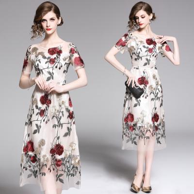 China 2021 New Style O Neck Long Sleeve Flower Embroidery Fashion Handmade Mesh Women Summer Anti-Static Casual Fairy Midi Dresses for sale