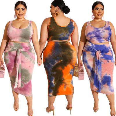 China Hot Selling Plus Size Crop Colorful Tank Top Plus Size Skirt Set Tie Dye Printed Casual Tight Fit Two Piece Lace Up Skirt Plus Size for sale