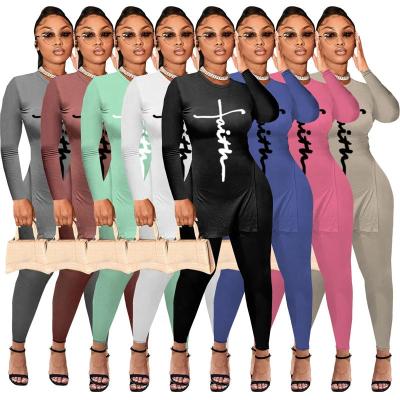 China Anti-pilling Set Women Clothing High Quality Two-piece T-shirt Side Split Drop Letter Printing Ribbed Two-piece Set Women Sets 2022 Two-Piece for sale