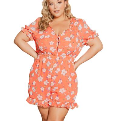 China Plus Size Summer Floral Print Short Sleeve Romper Plus Size 6XL Casual Elastic Waist Shorts Pants Women Jumpsuit Orange for sale