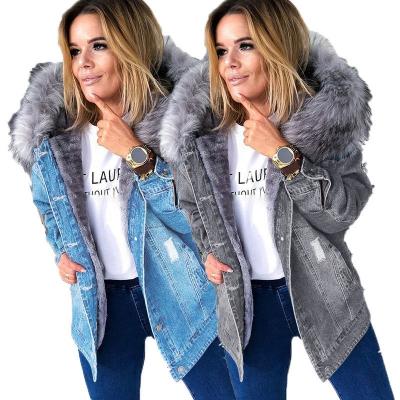 China Waterproof Winter Faux Fur Lattice Jacket Women Warm Plus Down Collar Denim Fur Jacket Thick Hole Black Lattice Jacket With Fur Collar xs 4xl for sale