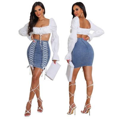 China Ladies Lace Up Jean Mini Skirt Denim Denim Skirt Bandge Rope Summer Newest Fashion Breathable Eyelet Denim Skirt for sale