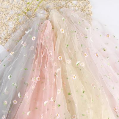 China Ready Running Small Daisy Printed Yarn Fabric Tulle Shrink-Resistant Fabric For Embroidery Flower Dress Fabric for sale