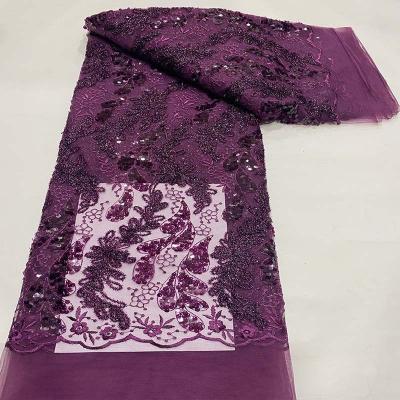 China Shrink-Resistant African Lace Embroidered Tulle Lace Fabric Sequin Bead Pipe Embroidery Fabric For Dress for sale