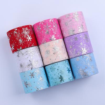 China 100% Polyester Shrink-Resistant Printing Tulle Mesh Roll DIY Hot Silver Snowflake For Hair Accessories for sale