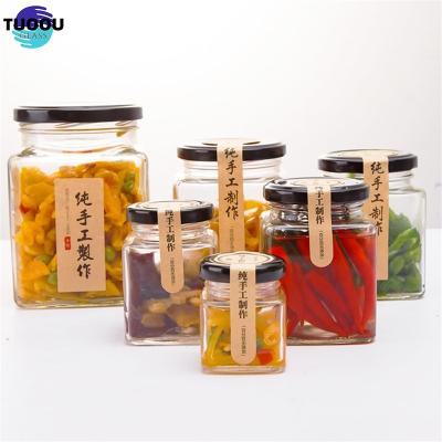 中国 Food 50ml 80ml 100ml 200ml 280ml 380ml 500ml 730ml Square Clear Glass Honey Jam Sauce Jar Storage bottles with metal lid 販売のため