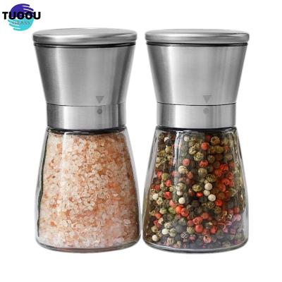 China Sustainable Wholesale Hot Sell Salt Mill Glass Bottle Ceramic Core Manual Stainless Steel Pepper Grinder en venta