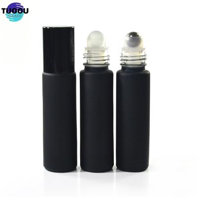 China Essential oil container Wholesale Hot sale Steel Roller Ball Perfume Essential Oil With Aluminum Cap Frosted Matte Black Glass Roll On Bottle Te koop