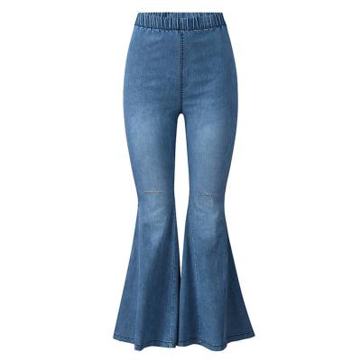 China Kleur Vervaagingsbestendige Hoge taille Elastische taille Knie Gescheurde bel Onderkant Vrouwen Jeans Flare broek Te koop