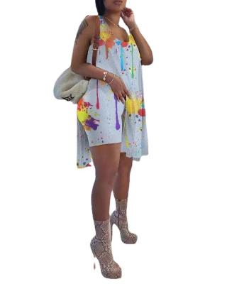 Cina 2021 Anti-UV Tie Die 2 Pieces Set Splatter-ink Printing Shorts Outfits Margine irregolare asimmetrico in vendita