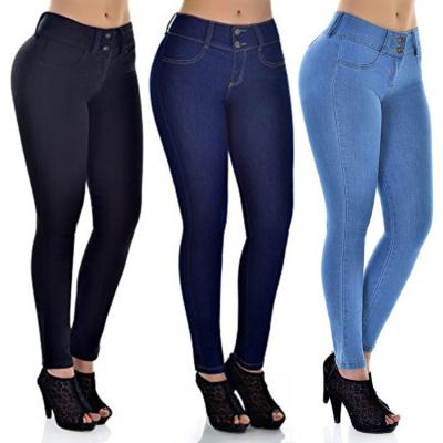 China Kleurverblindend Goedkwaliteit Hoge taille Stretching Jeans Solid Woman Skinny Pencil Jeans Te koop