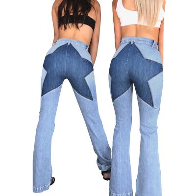 China Kleur Vervaag Bewijs Goede kwaliteit patchwork hip ster jeans steken stretch flared broek vrouwen jeans lang Te koop