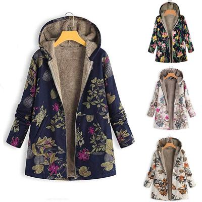 China Impermeable listo para el envío de algodón y con capucha caliente impresa lana lienzo chaqueta de invierno de mujeres en venta