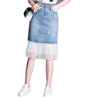 China 2019 Herbst Plus-Size Knie-Längen Rock Denim Bleistift Rock Jeans mit leichtem Tulle zu verkaufen