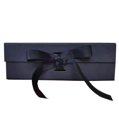 China Elegant Materials Black Cosmetic Magnetic Box Recycled Packaging Folding Gift Box With Ribbon for sale