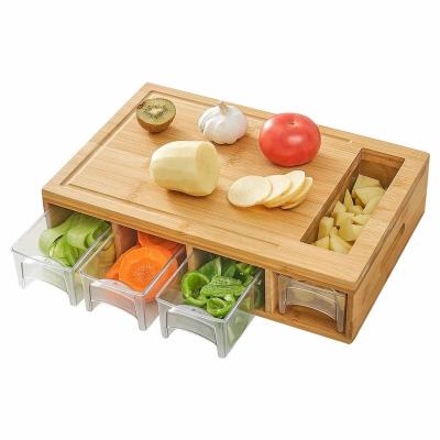 China Viable Custom Design Bamboo Cutting Board With 4 Container Large Chopper With Juice Grooves for sale