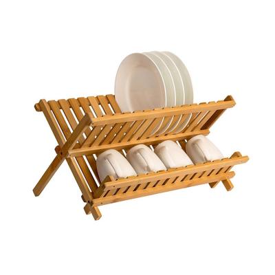 China 2-Tier Dish Drainer Kitchen Sustainable Bamboo Dish Rack For Kitchen Countertop Foldable Dish Drying Rack For Space Saving for sale