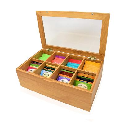 China Bamboo Storage Organizer Tea Bag Organizer 100% Natural Kitchen Tea Caddy Storage 8 Storage Compartments and Clear Unbreakable Hinged Lid for sale