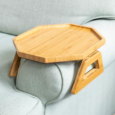 China Sustainable Stable Bamboo Sofa Table For Wide Couches Couch Arm Tray Table Sofa Arm Table For Eating And Beverage for sale