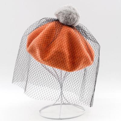 China New Image X1223 Korean Painter Hat All-match Mesh Veil Wool Beret Rabbit Fur Ball Ladies Knitting Hats Autumn And Winter for sale