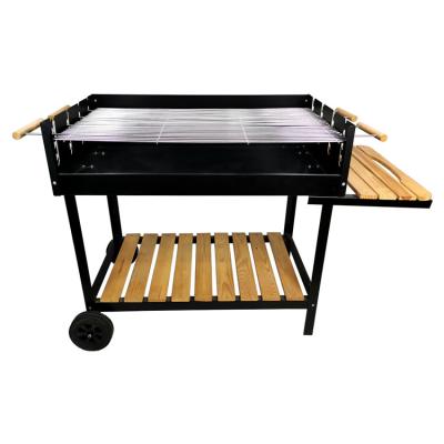 China Easily Assembled Side Part Size Wooden Shelf Large Square Iron BBQ Cart Charcoal Grill for sale