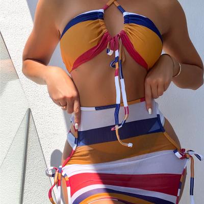 China 3 Piece TWA054 Breathable Bikini Set Breathable Colorful Printing Beach Full Skirt Tied Design Beach Swimsuit for sale