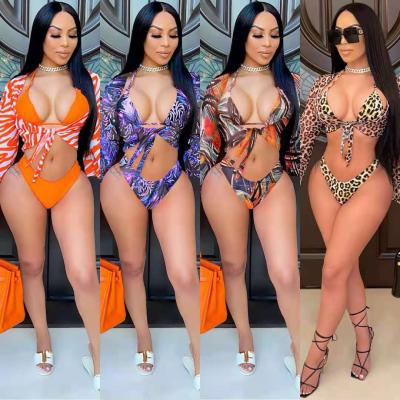 China 2021 Mix Color TWA049 2021 3 Piece Thong Brazilian Micro Brazilian Bikini Set Women Long Sleeve Mesh Cover Up Swimsuits Wholesale Sales for sale