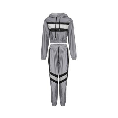 China Breathable Women Fashion Top And Bottom Cool Girl 2PCS Sweatsuit Sportwear Patchwork 3M Reflective Stripe Tracksuits for sale