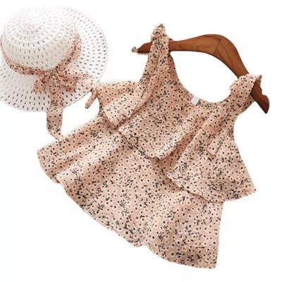 China New Girls' Suits Summer Casual with Hats, Floral Chiffon Top, Halter Top and Shorts for sale