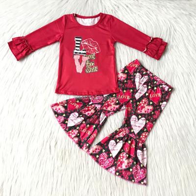 China Toddler Babies Valentine Day Love Heart Kids Casual Boutique Outfits Red Ruffle Tops+Flare Bell Pants for sale