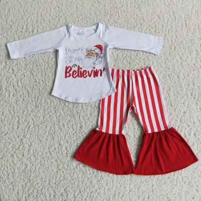 China Fashion Casual Baby Clothing Set Red Stripe Santa Christmas Ruffle Kids Girl Boutique Outfits for sale