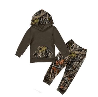 China Custom Autumn Winter Style Brown Hooded Top Children's Clothes Casual Leaf Printing Long Sleeve And Pant Suit for sale