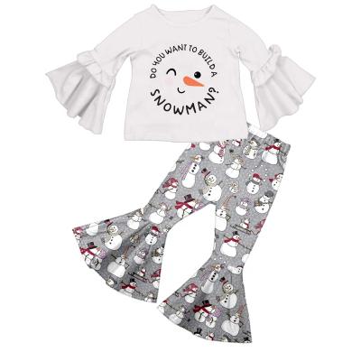 China RTS Style Casual Autumn Winter Children Clothing Snow Man Print Long Sleeves White Flare Kids Clothes for sale