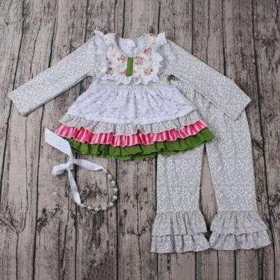 China Lovely girls clothes Yawoo winter children lace up ruffle boutique dress pants set babies cotton drop outfits for sale