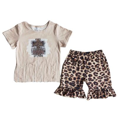 China Summer Casual PRO Girls Outfits Short Sleeve Leopard Cross Tassels Shirt Shorts Outfits Kids Boutique Set for sale